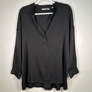 Vince Top Women Medium Black Silk Band Collar Split Neck Satin Pleated Back